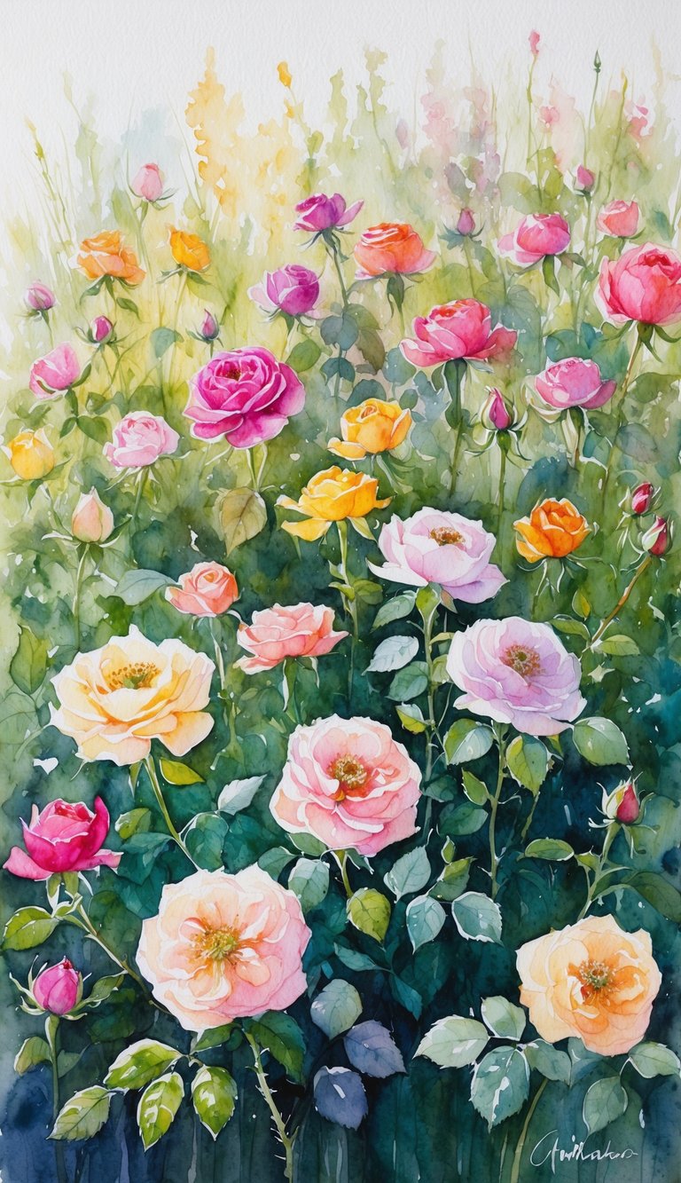A lush field of wild roses in full bloom, with a variety of colors and sizes, creating a vibrant and colorful backdrop