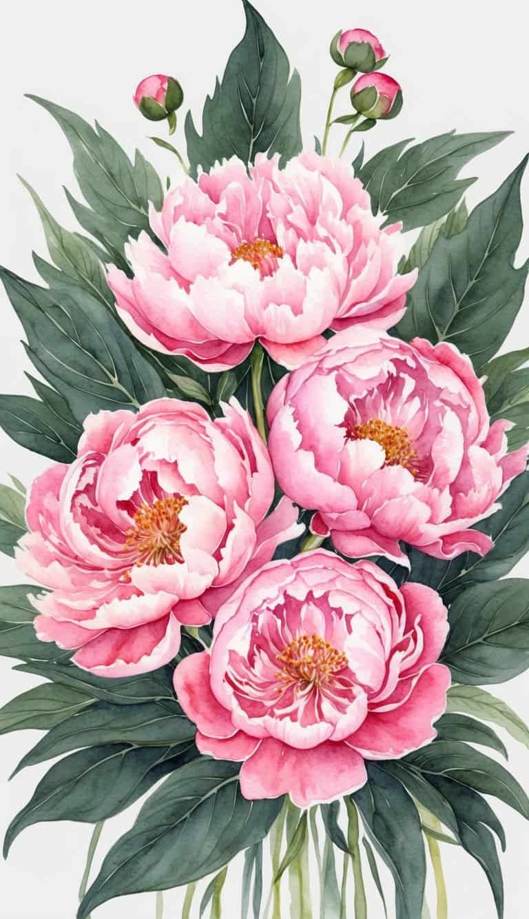 A cluster of blushing peonies surrounded by lush green leaves and delicate stems