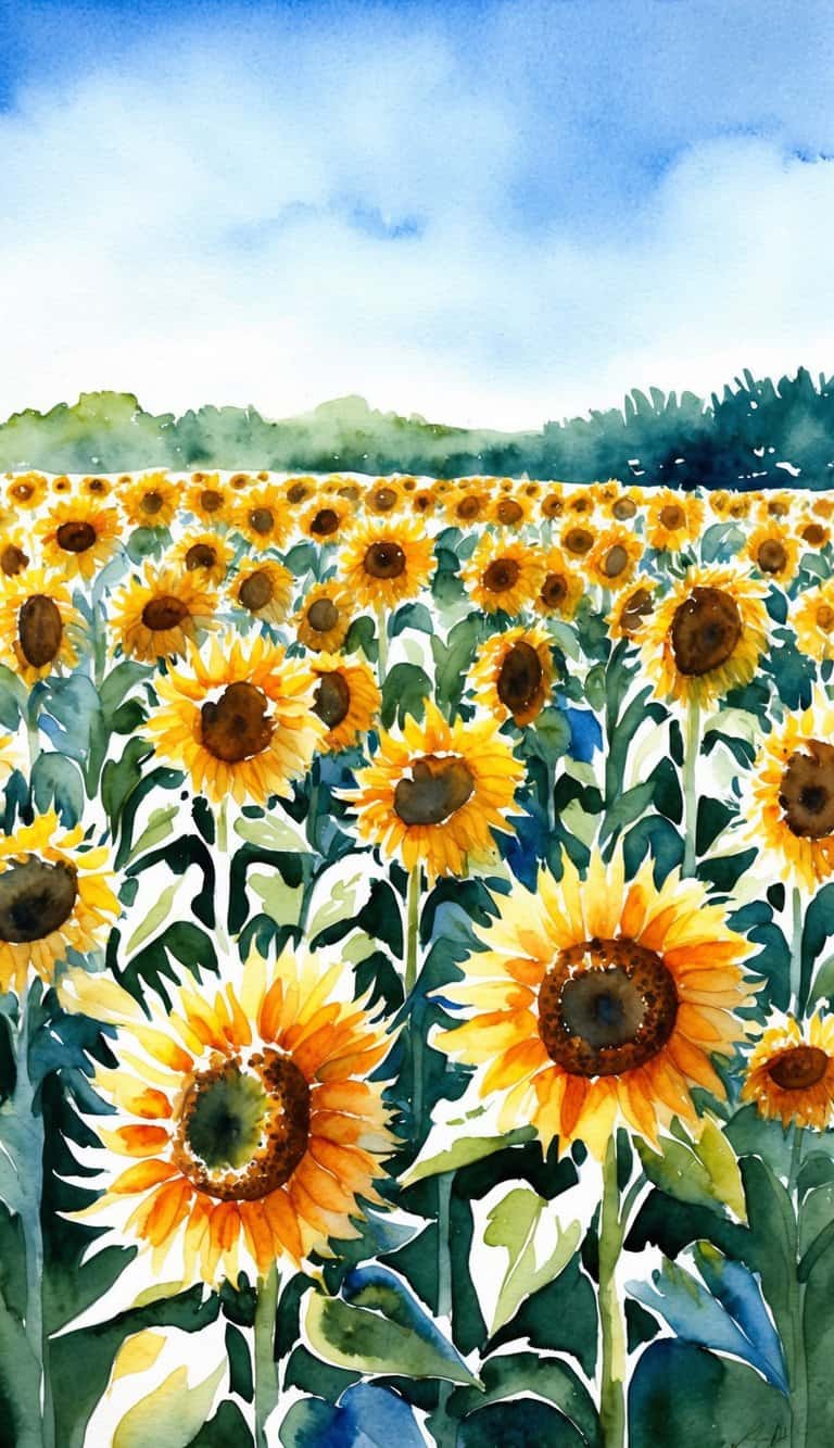 A field of bright yellow sunflowers under a clear blue sky