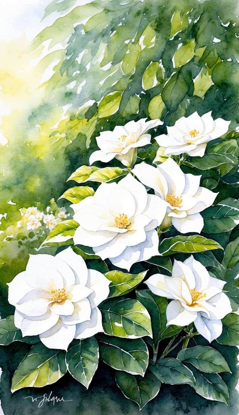 A peaceful garden with white gardenias in full bloom, surrounded by lush greenery and dappled sunlight