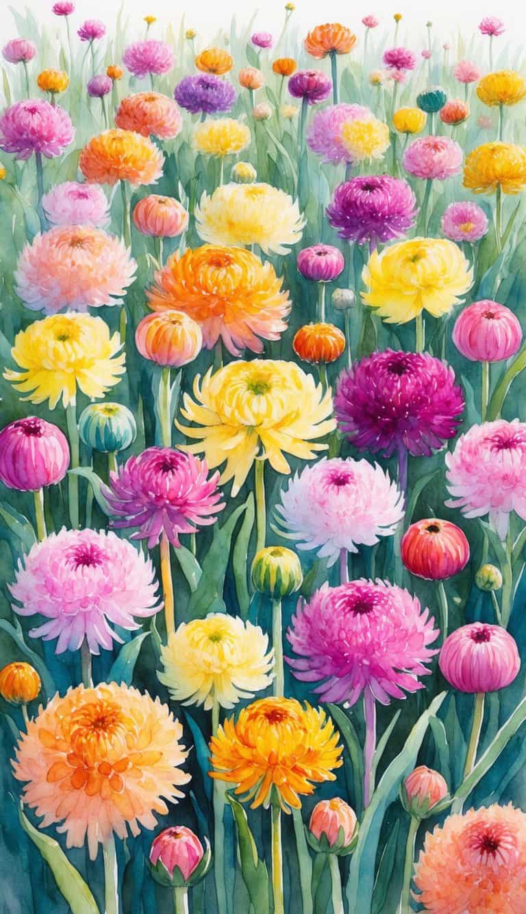 A field of colorful chrysanthemums in various sizes and shapes, with delicate petals and vibrant hues, creating a whimsical and enchanting floral display