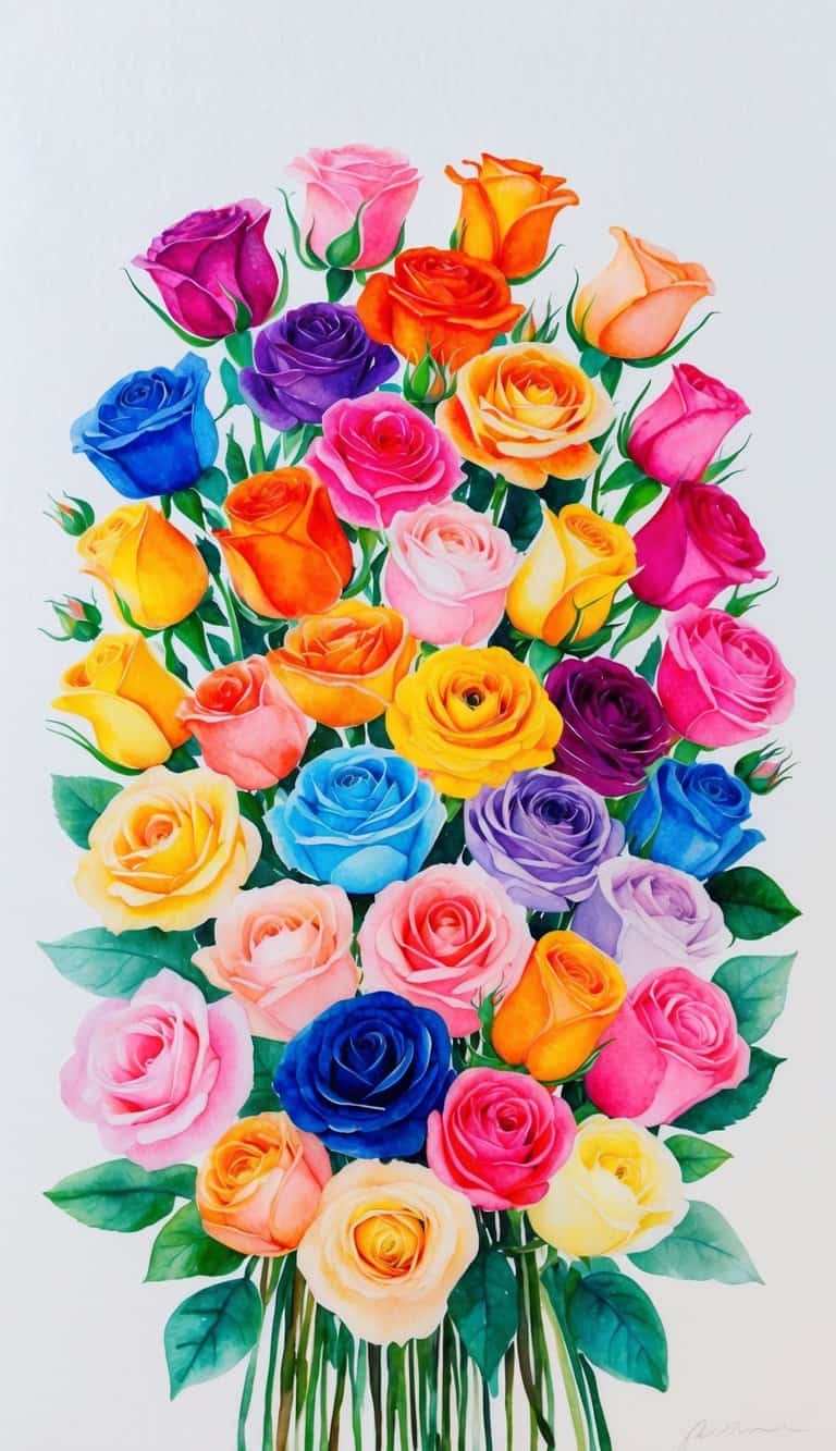 A bouquet of 50 vibrant roses arranged in a variety of colors and sizes, set against a clean, white background