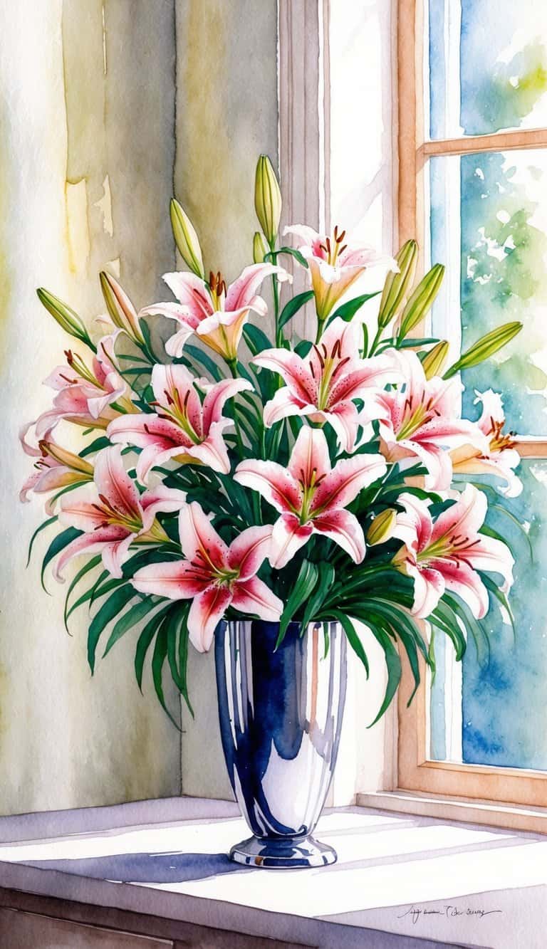 A vibrant bouquet of lilies arranged in a sleek vase, with soft natural light streaming in through a nearby window
