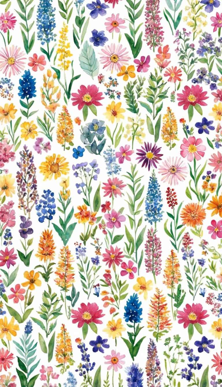 A colorful array of 50 different types of flowers arranged in a beautiful pattern, with vibrant colors and varying sizes, creating a stunning floral wallpaper