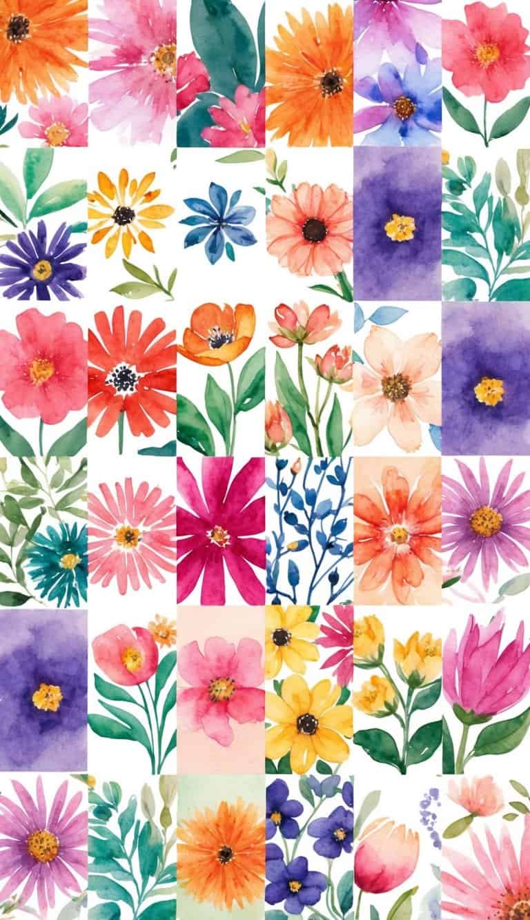 A collection of 50 vibrant floral iPhone wallpapers, arranged in a grid pattern with various sizes and colors