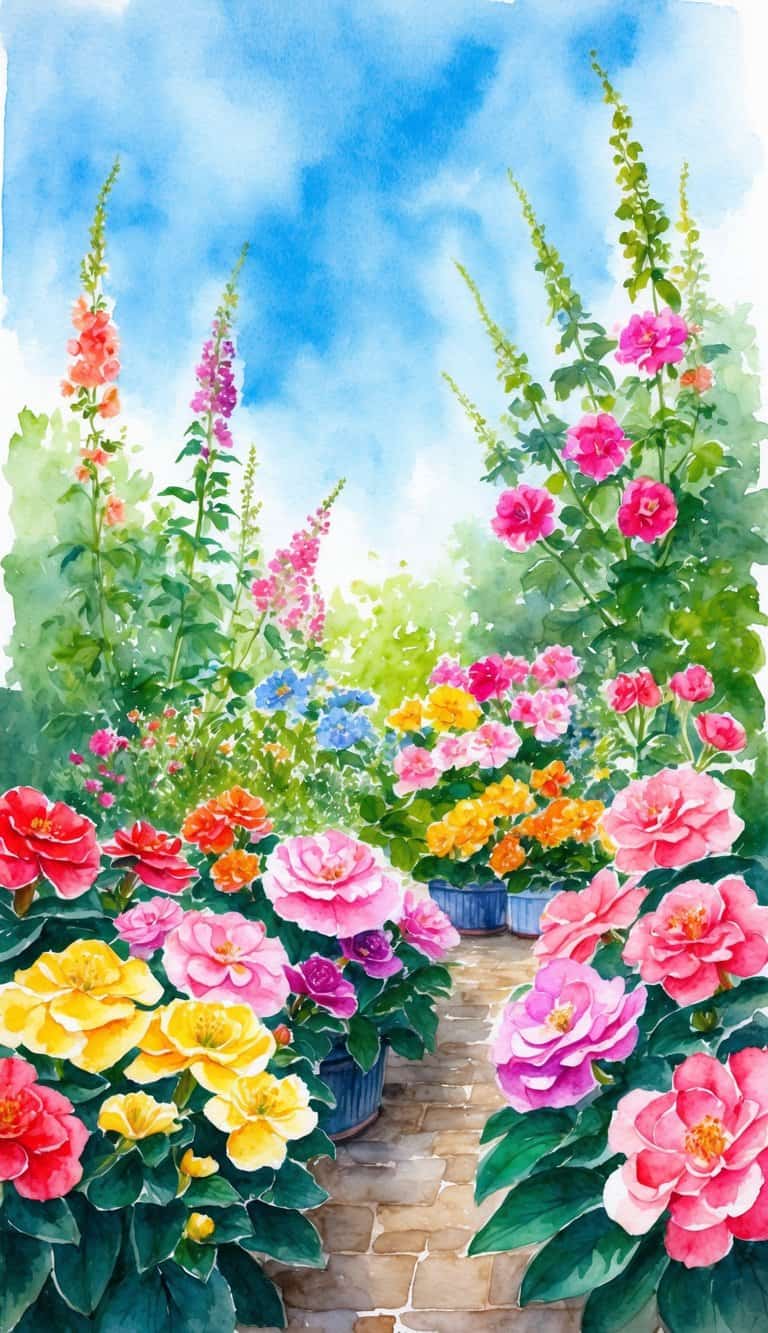 A lush garden of colorful begonias, with vibrant blooms and delicate greenery, set against a bright blue sky
