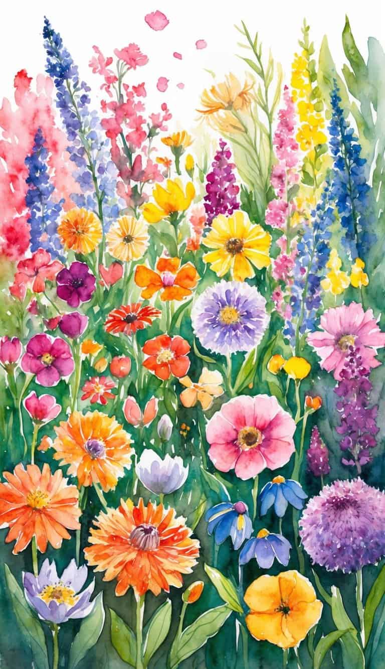 A garden filled with colorful flowers, with a variety of blooms and petals, creating a vibrant and lively atmosphere