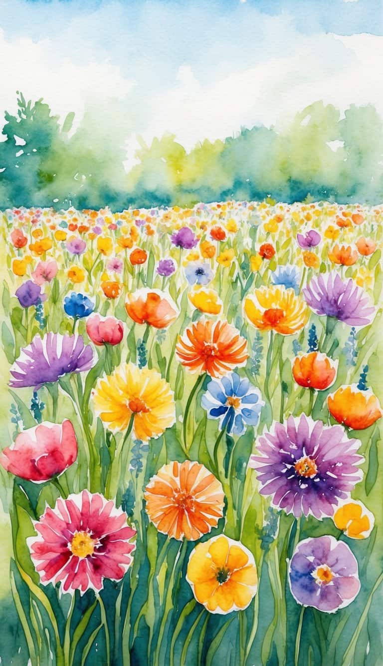 A field of colorful flowers with a gentle breeze