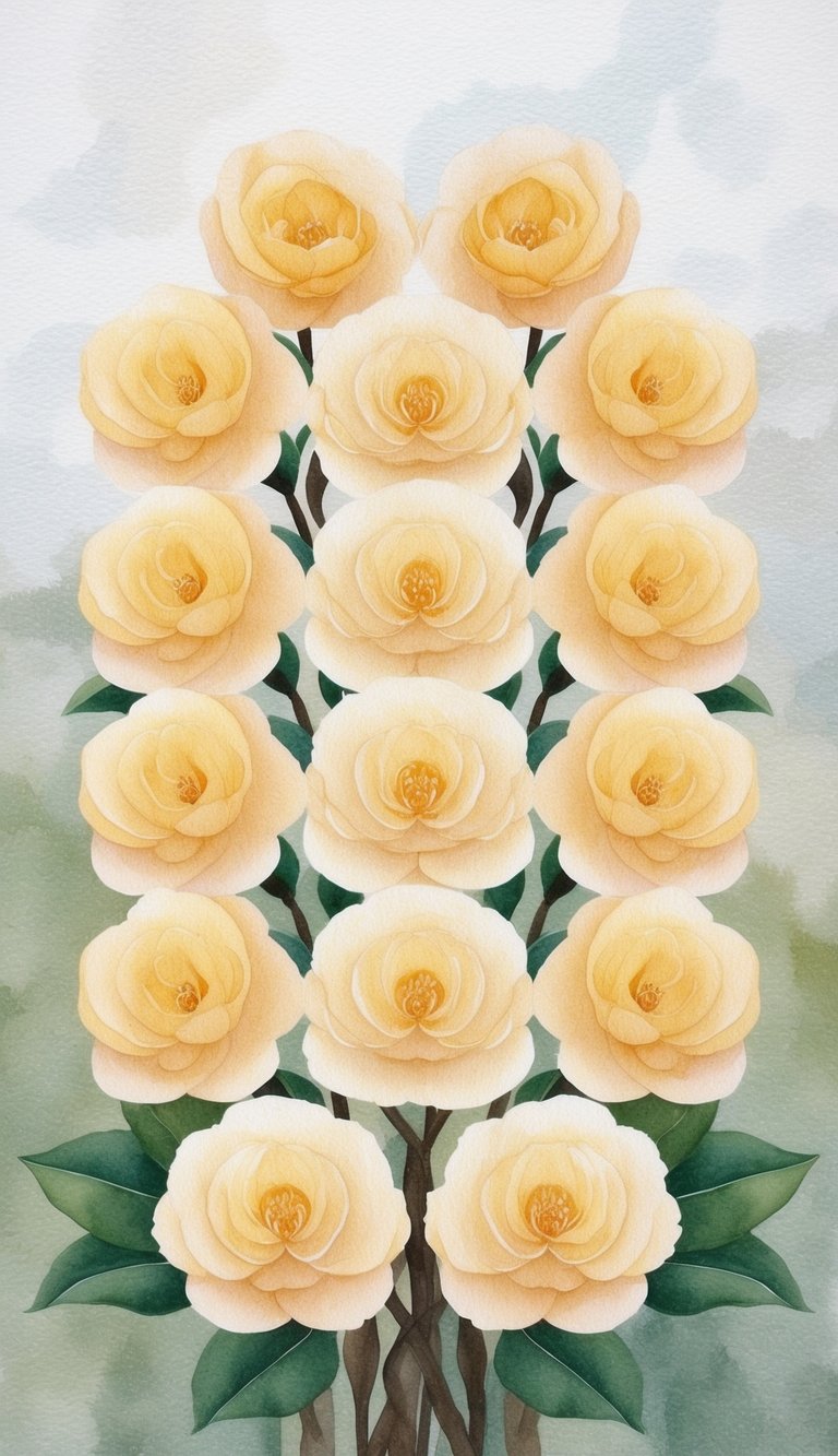A cluster of champagne camellias arranged in a symmetrical pattern against a soft, blurred background