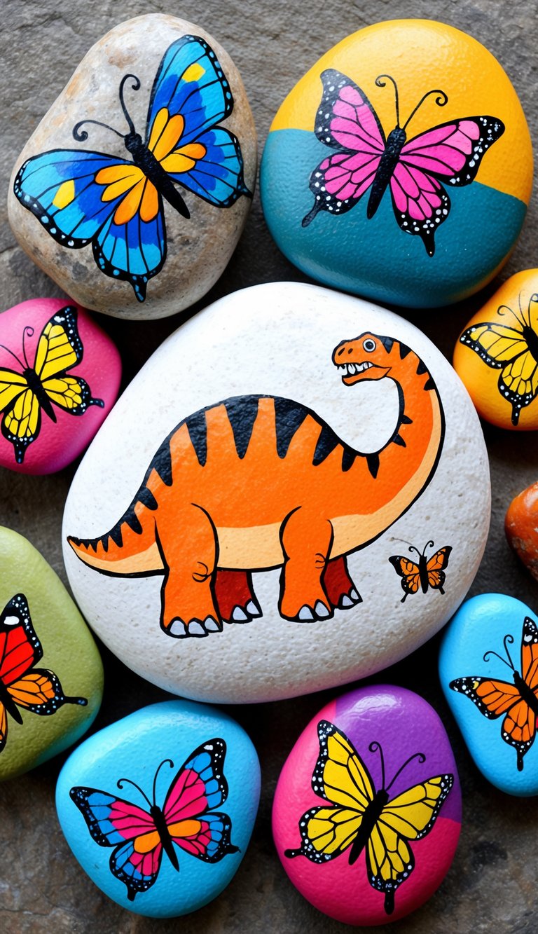 A Camptosaurus surrounded by colorful butterflies on a rock canvas