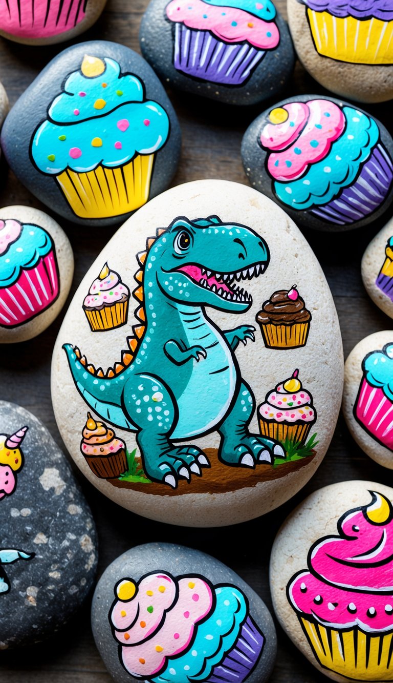 A Kentrosaurus surrounded by cupcakes, painted on a rock