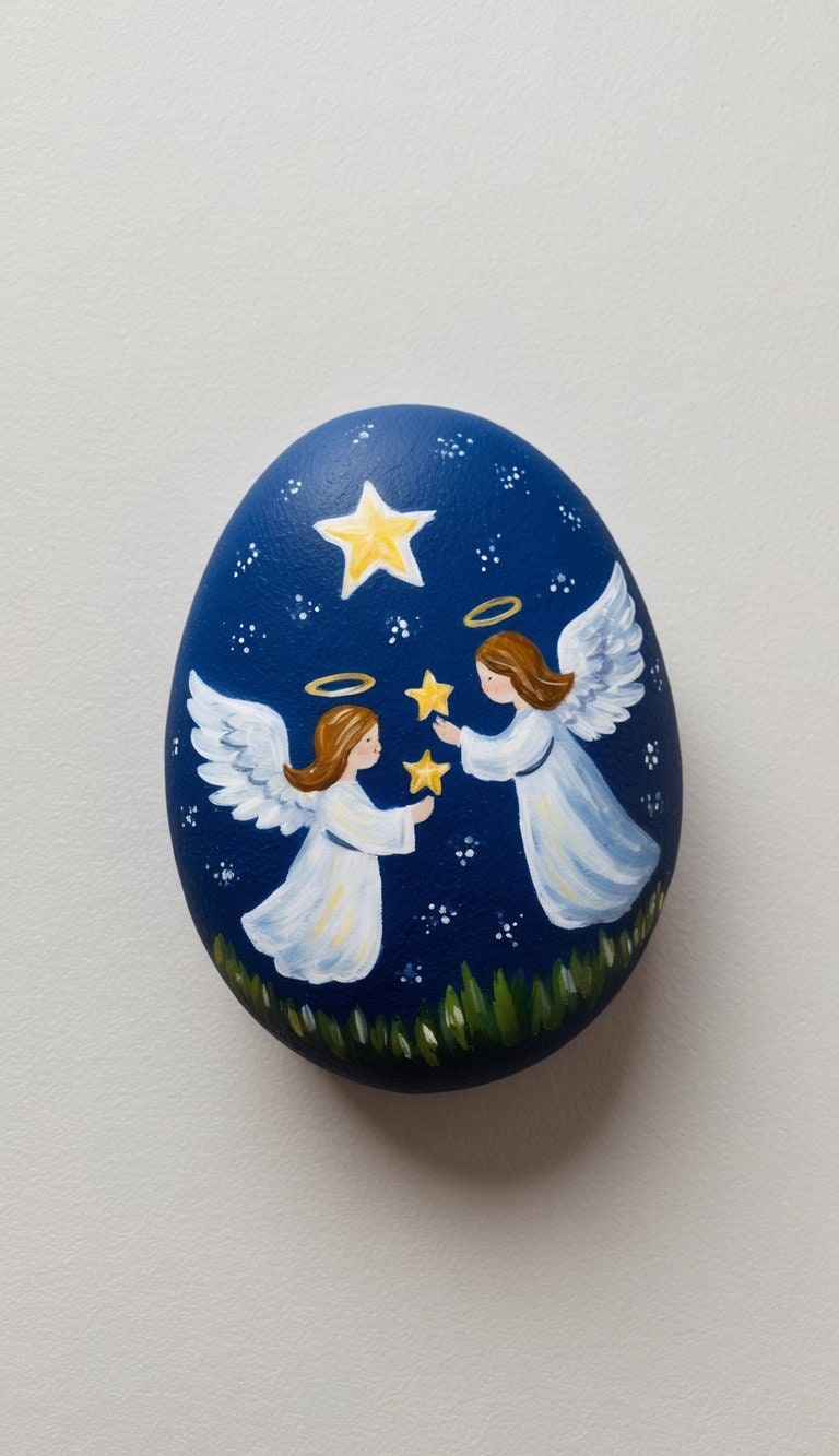 Angels hover in the night sky, each holding a glowing star