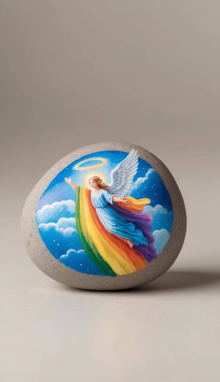 Rainbow-robed angels soar among celestial clouds, surrounded by shimmering halos and radiant wings