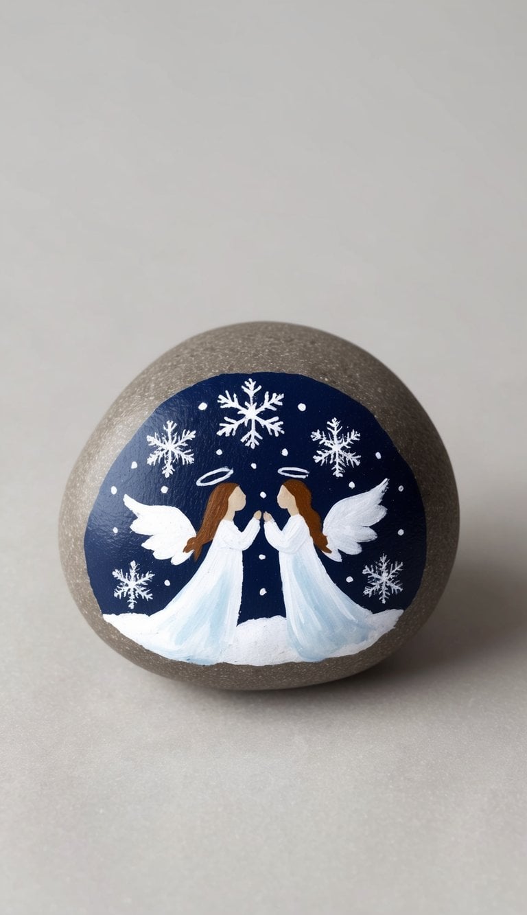 Angels with snowflakes floating in a wintry sky