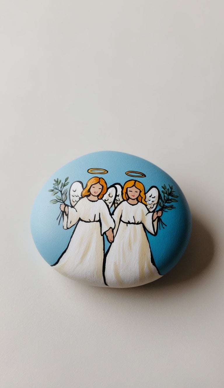 Angels holding olive branches in a serene, heavenly setting