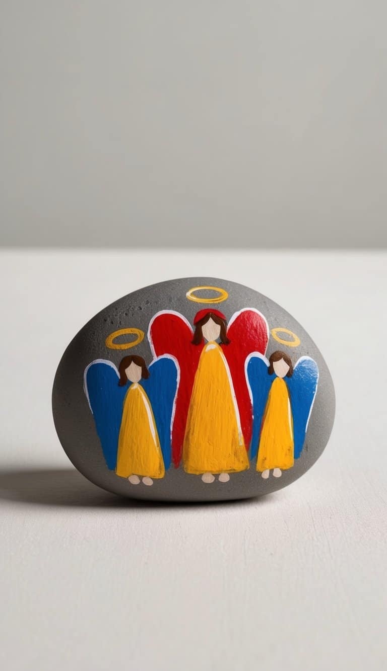 Vibrant folk art angels painted on rocks, with bold colors and heavenly designs