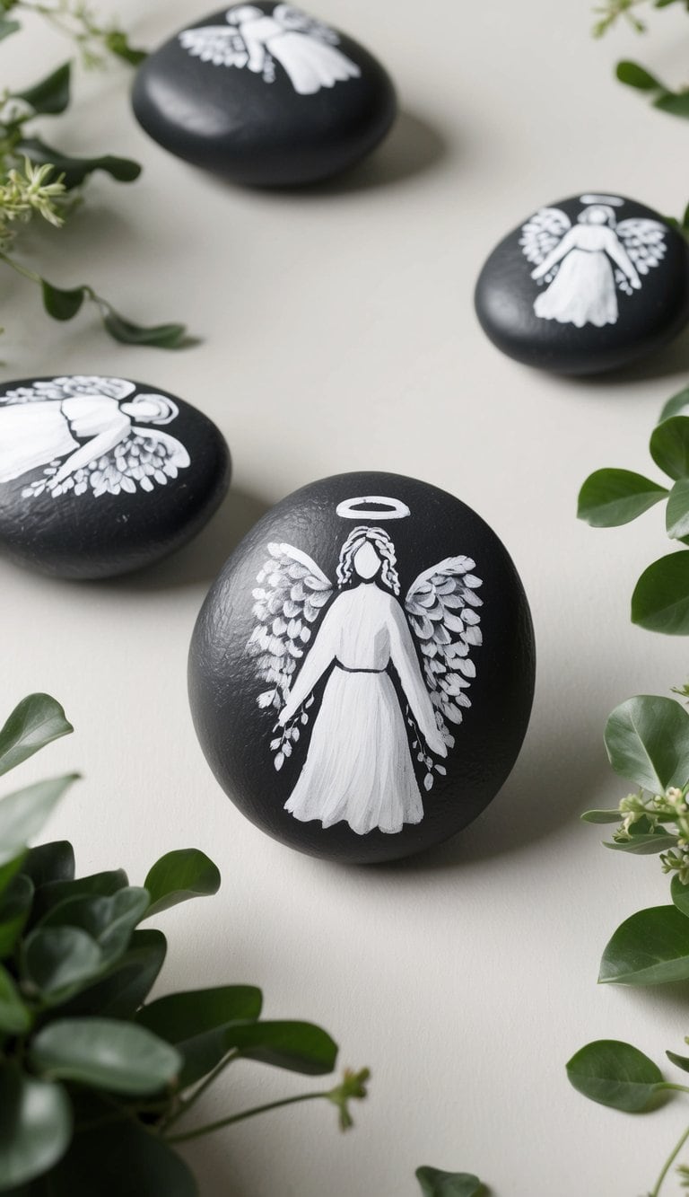 A serene garden with monochrome angel painted rocks scattered among the foliage, creating a heavenly atmosphere