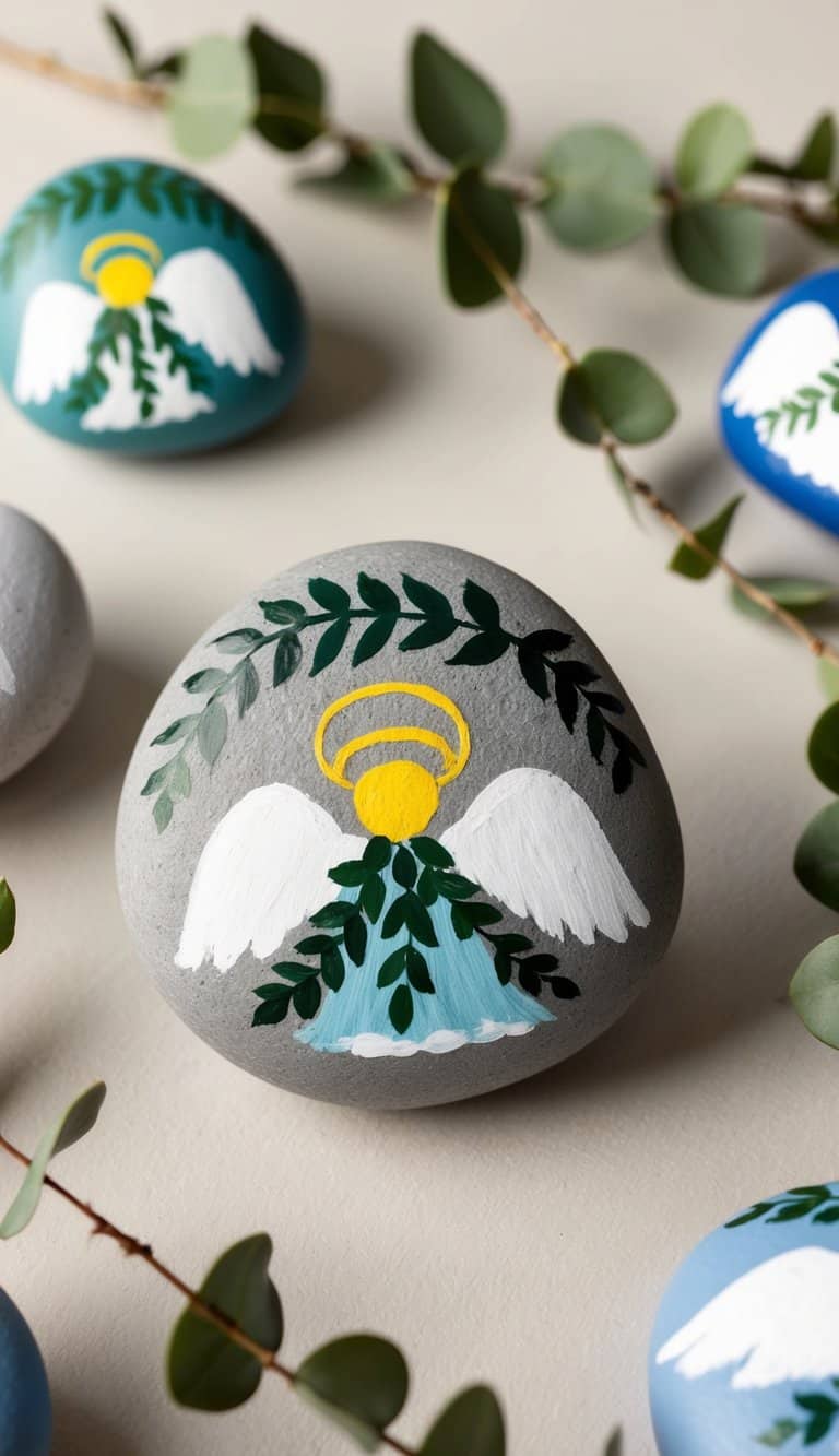 Woodland scene with angels wearing leafy garlands, surrounded by painted rocks