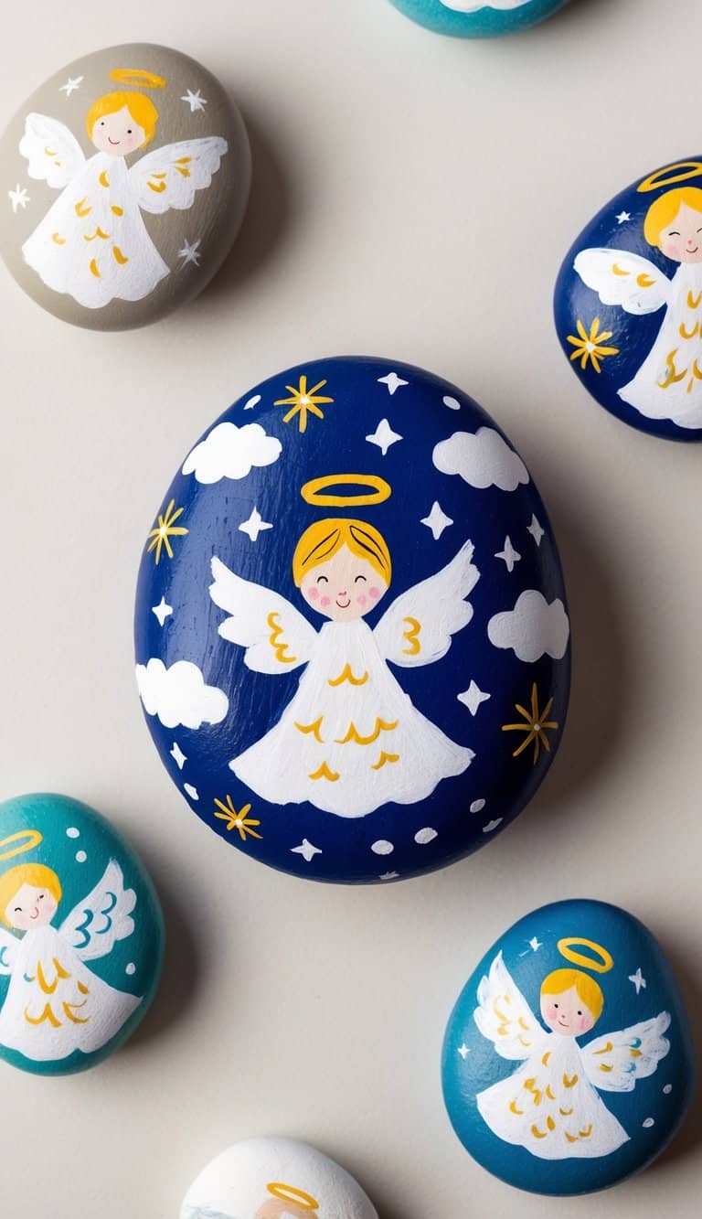 Abstract angels with whimsical patterns float among swirling clouds and stars on a collection of painted rocks