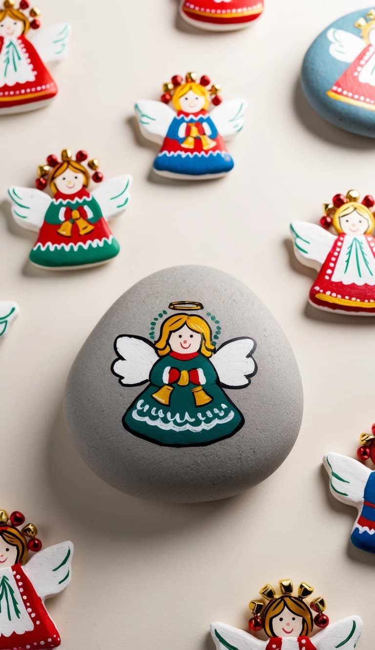 A group of festive Christmas angels adorned with bells, surrounded by heavenly designs on painted rocks