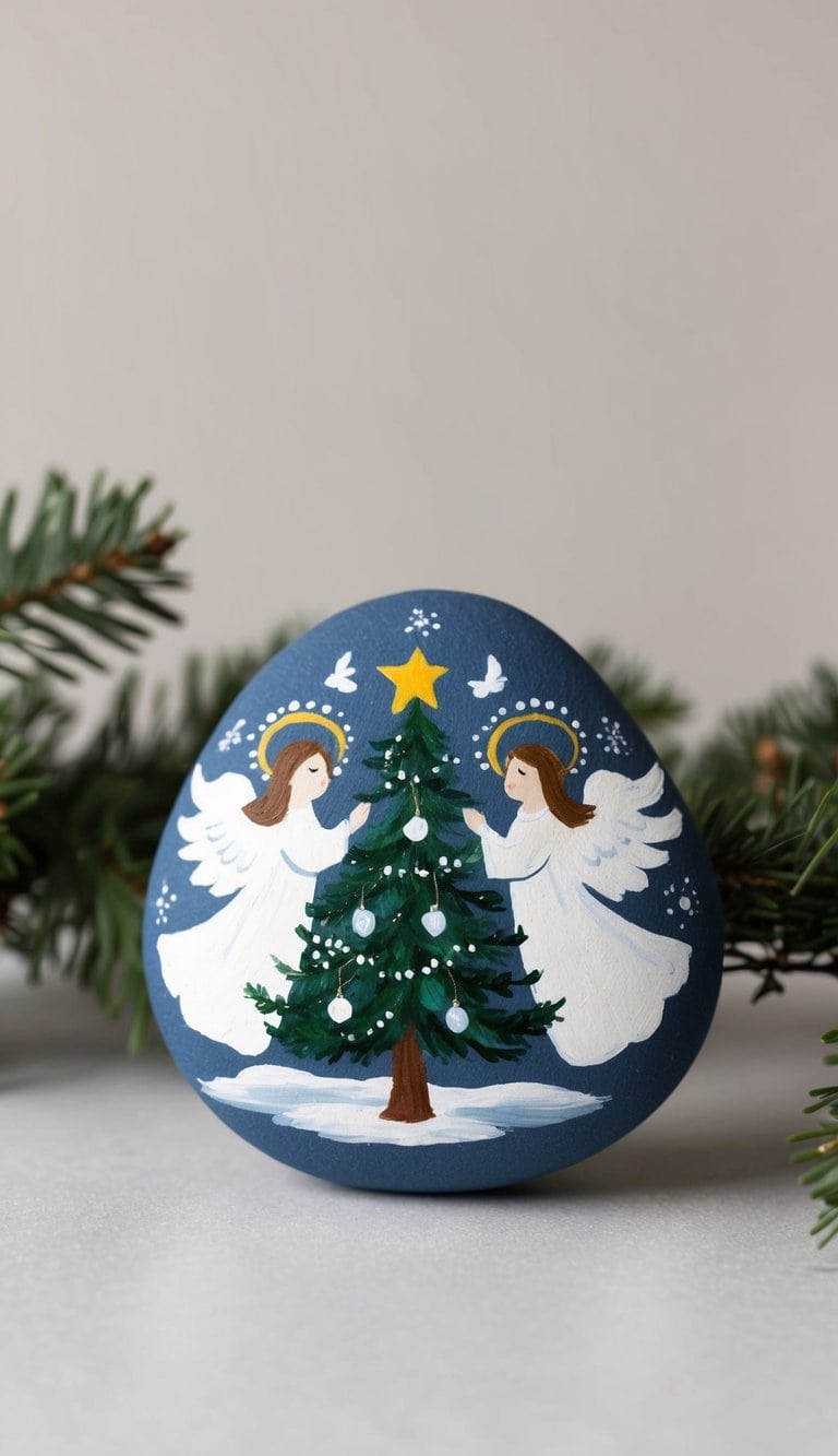 Angels delicately adorning a Christmas tree with celestial ornaments