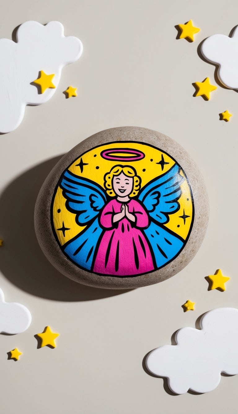 Vibrant pop art angels with bright hues on rocks, surrounded by celestial elements like stars and clouds