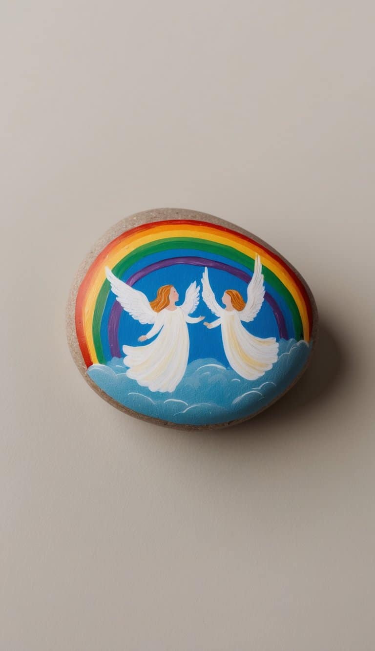Angels soar above a vibrant rainbow, their wings outstretched in celestial flight