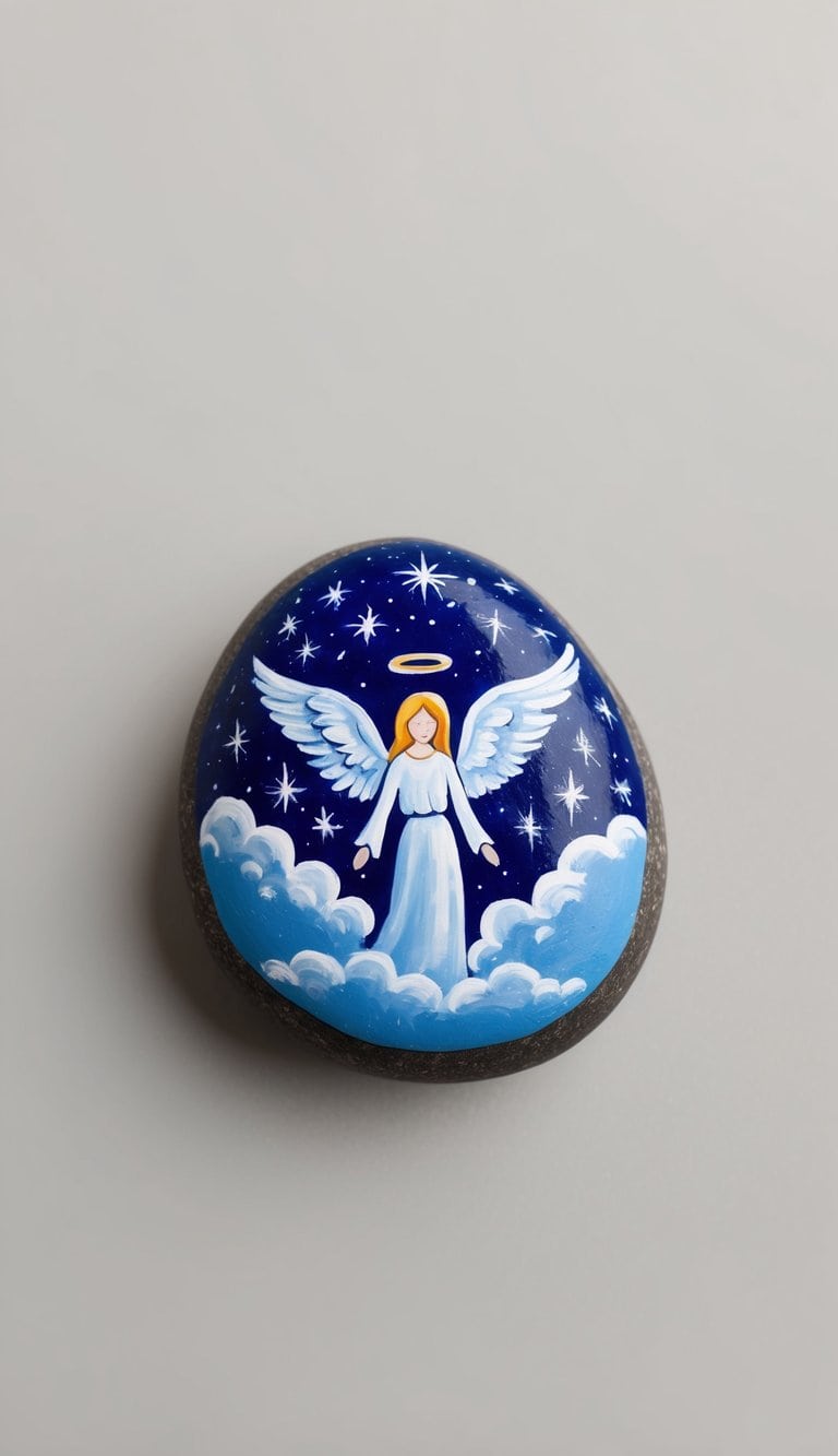 An angelic figure with outstretched wings, surrounded by celestial clouds and shimmering stars