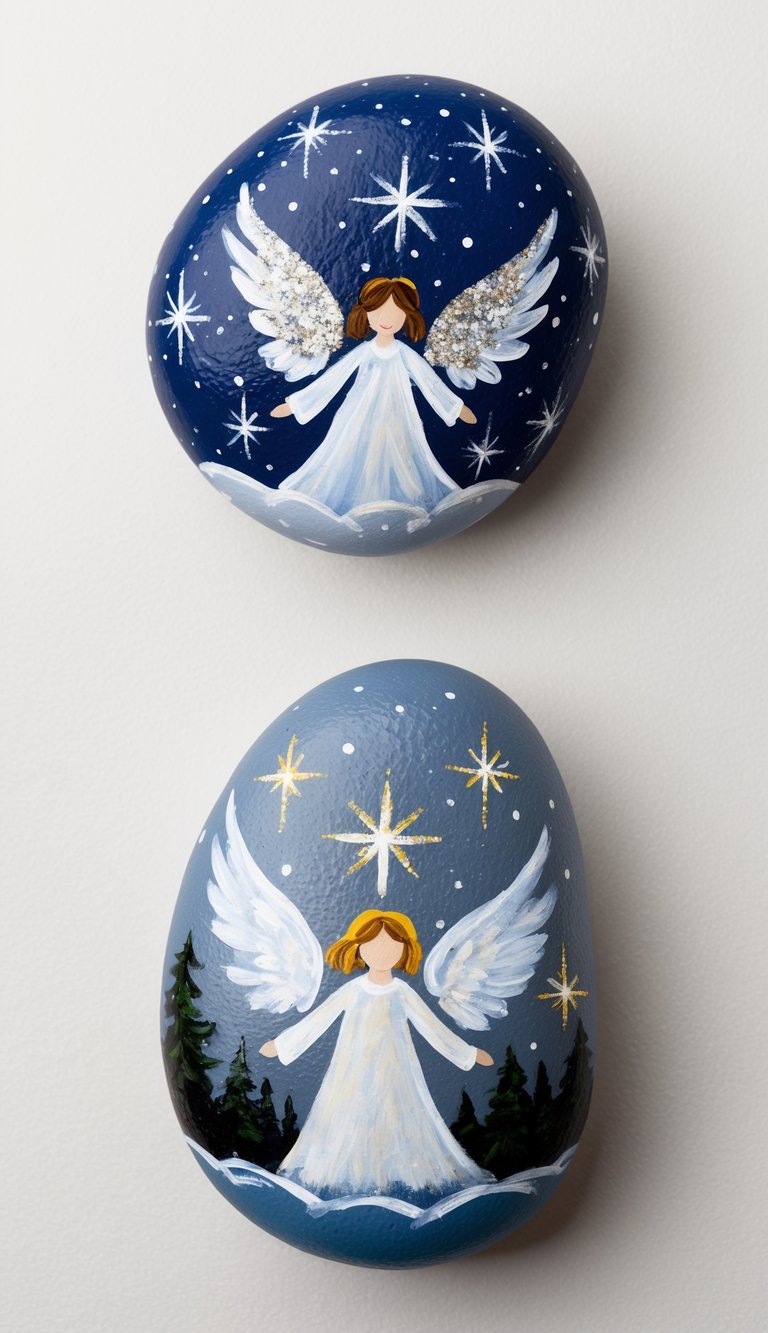 Angels with glittering wings soar through a starry night sky, surrounded by heavenly designs on painted rocks