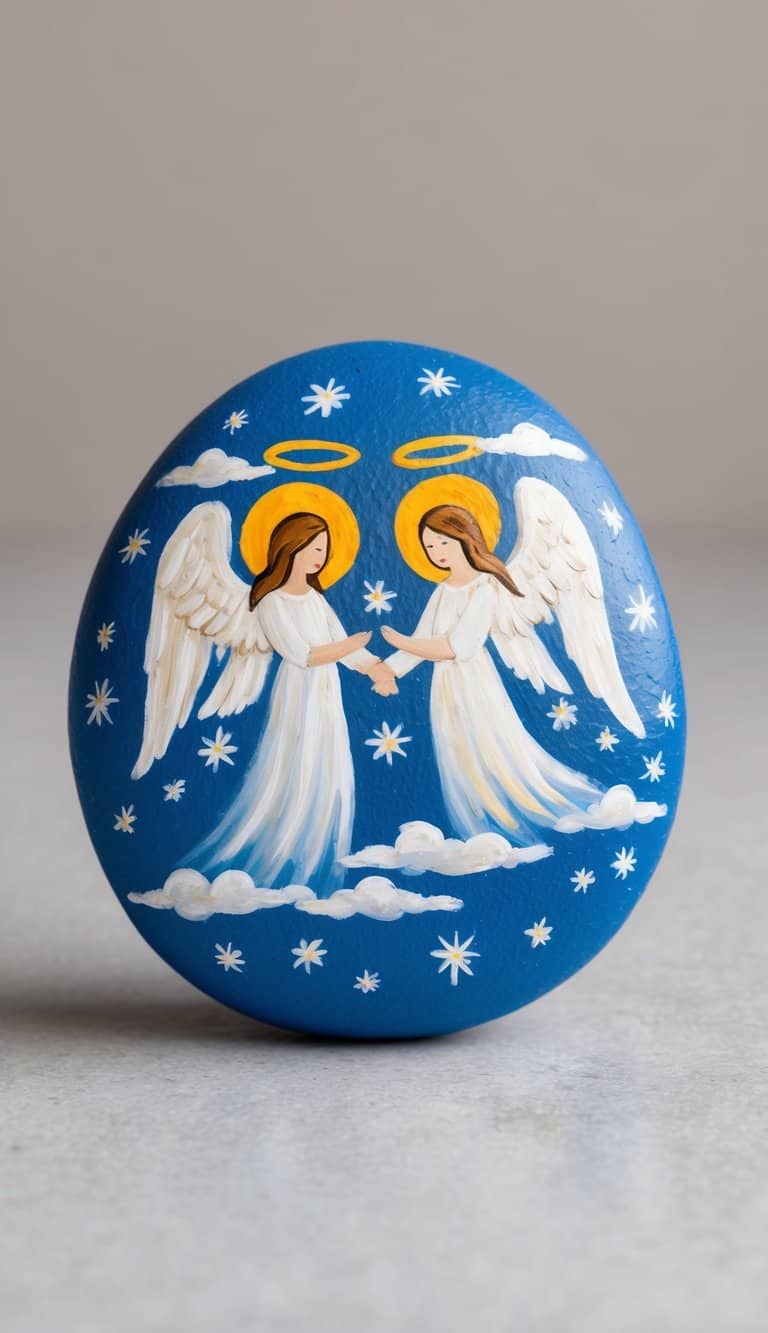 Two angelic figures with wings and halos surrounded by celestial clouds and stars