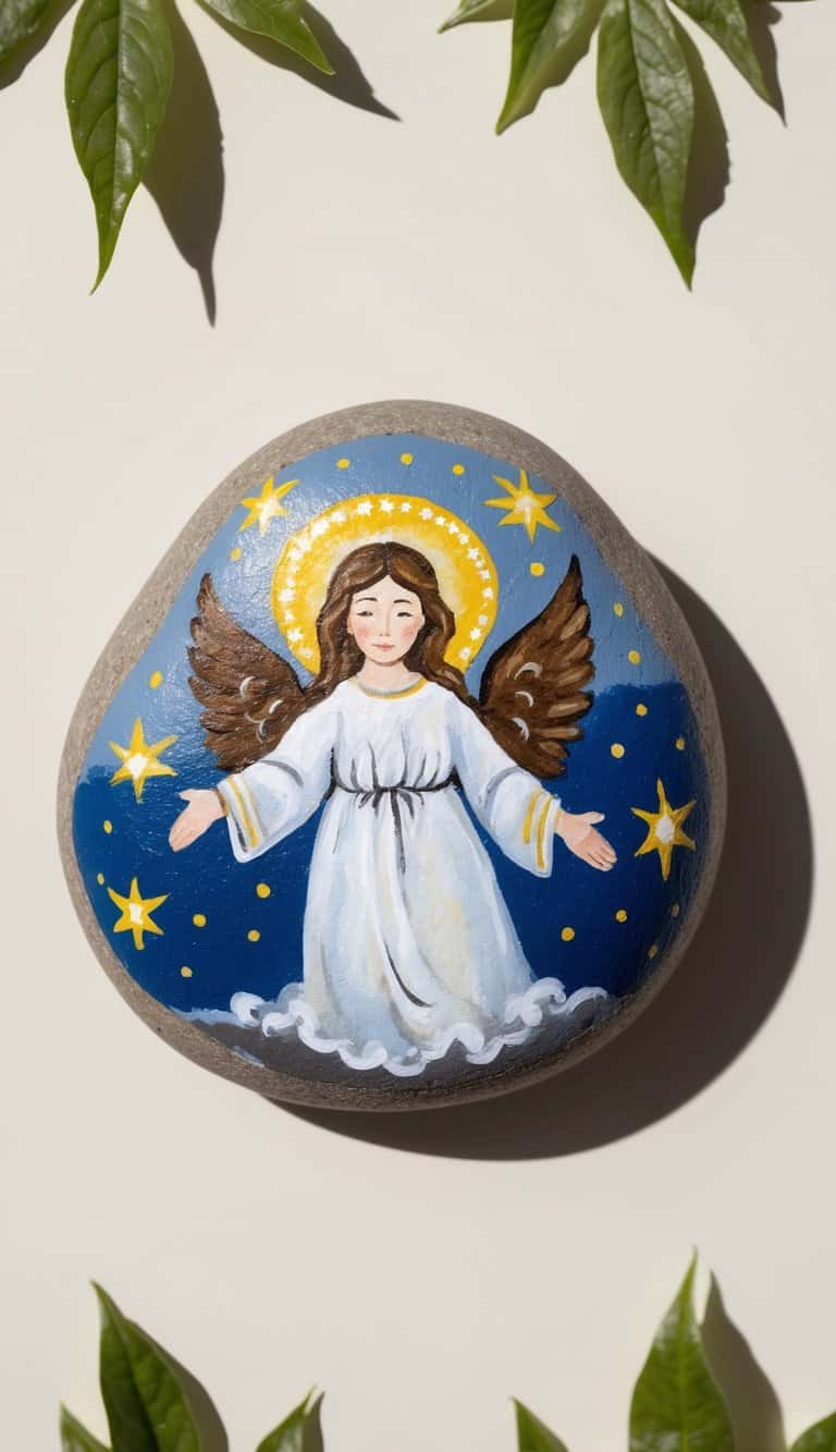 Saintly angels with halos surrounded by glittering stars on heavenly painted rocks