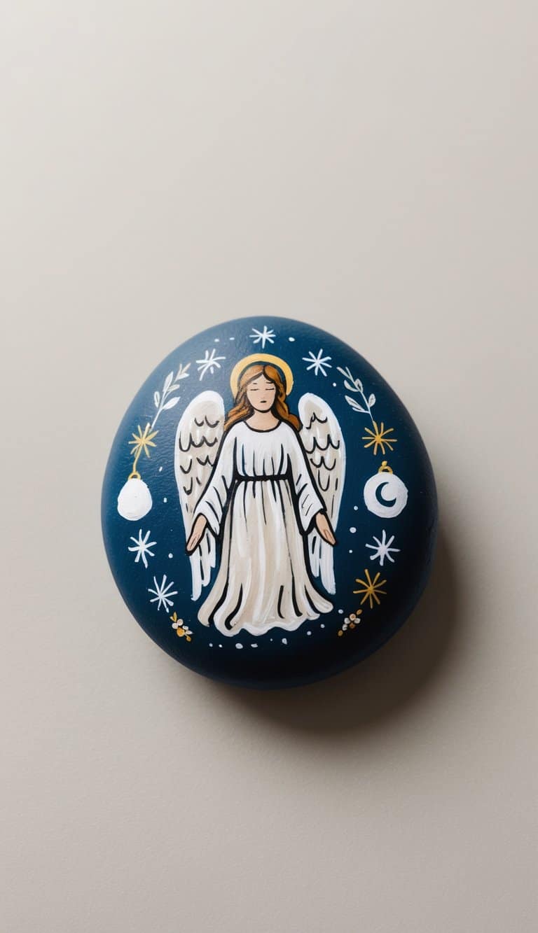 A serene angelic figure surrounded by seasonal symbols and celestial elements