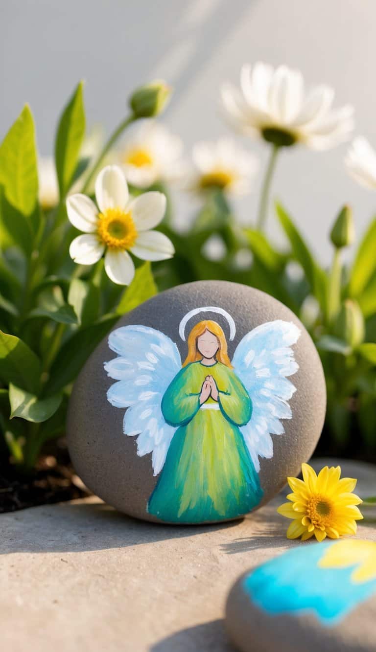 A serene garden with colorful rocks featuring angelic designs, surrounded by flowers and soft sunlight