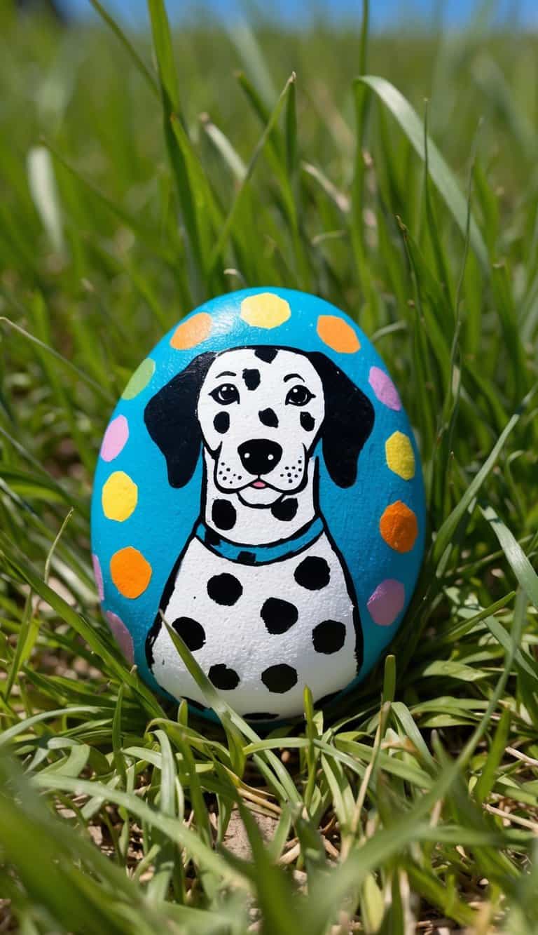 A Dalmatian dog painted rock surrounded by colorful dots, set against a backdrop of green grass and blue sky