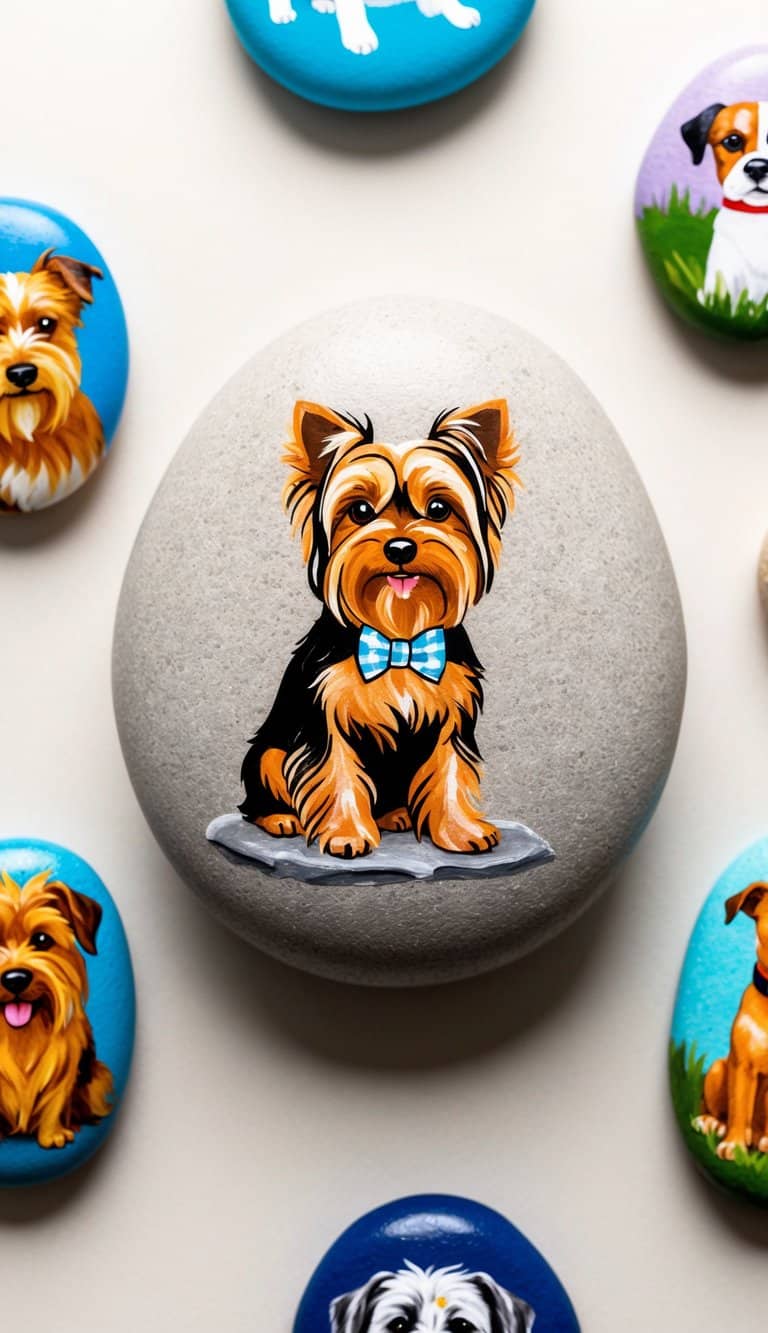 A Yorkshire Terrier wearing a bow tie sits on a painted rock, surrounded by other dog-themed painted rocks
