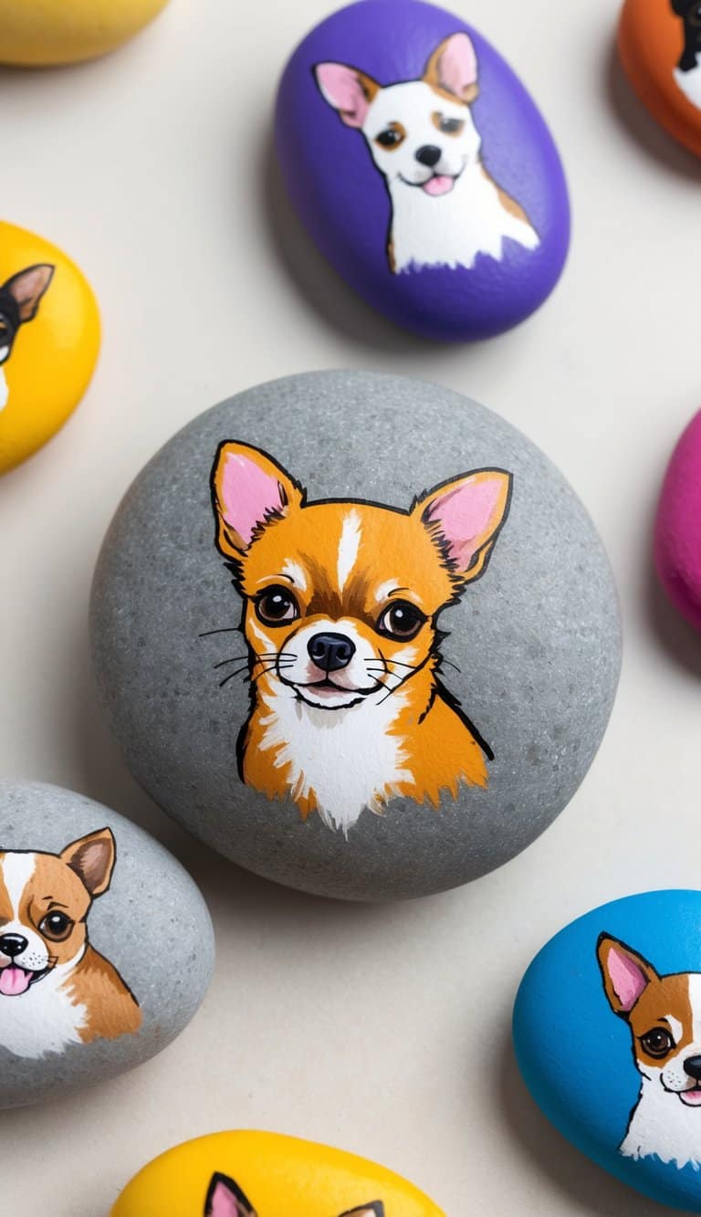 A Chihuahua painted rock nestled among colorful dog-themed rocks