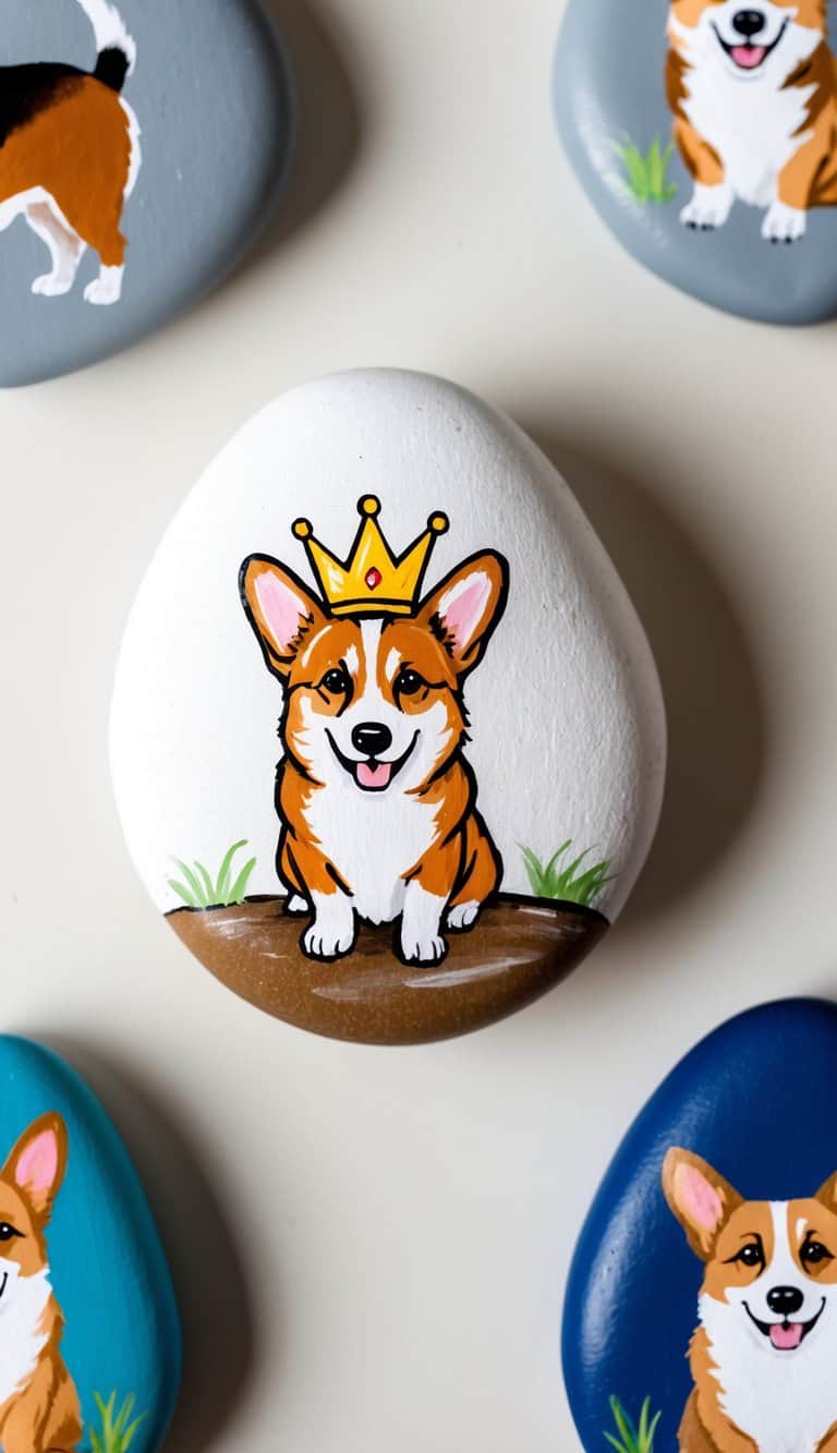 A corgi wearing a crown, sitting on a painted rock surrounded by other dog-themed rocks