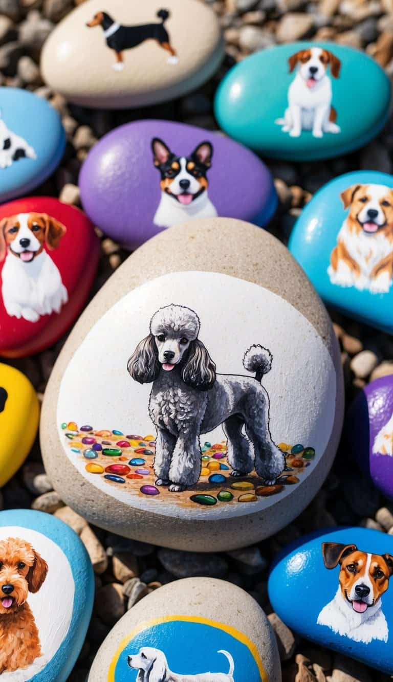 A poodle with a stylish haircut stands gracefully on a bed of colorful rocks, surrounded by other painted rocks featuring various dog breeds