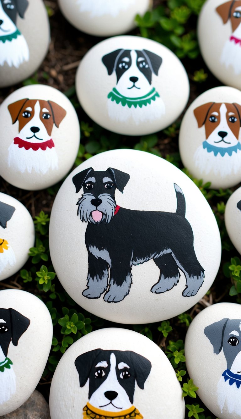 A schnauzer-shaped rock surrounded by 49 other dog-shaped painted rocks in a garden setting