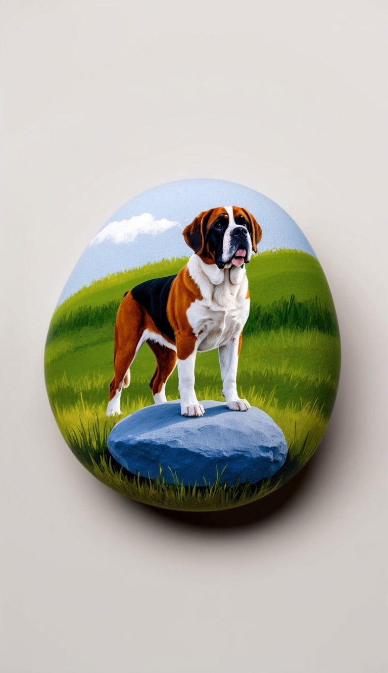A Saint Bernard dog stands proudly on a grassy hill, its strong and muscular build evident as it gazes off into the distance