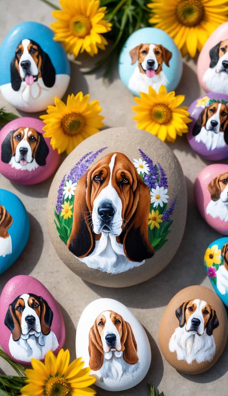 A basset hound sits among colorful blooming flowers, surrounded by a collection of beautifully painted rocks depicting various dog breeds