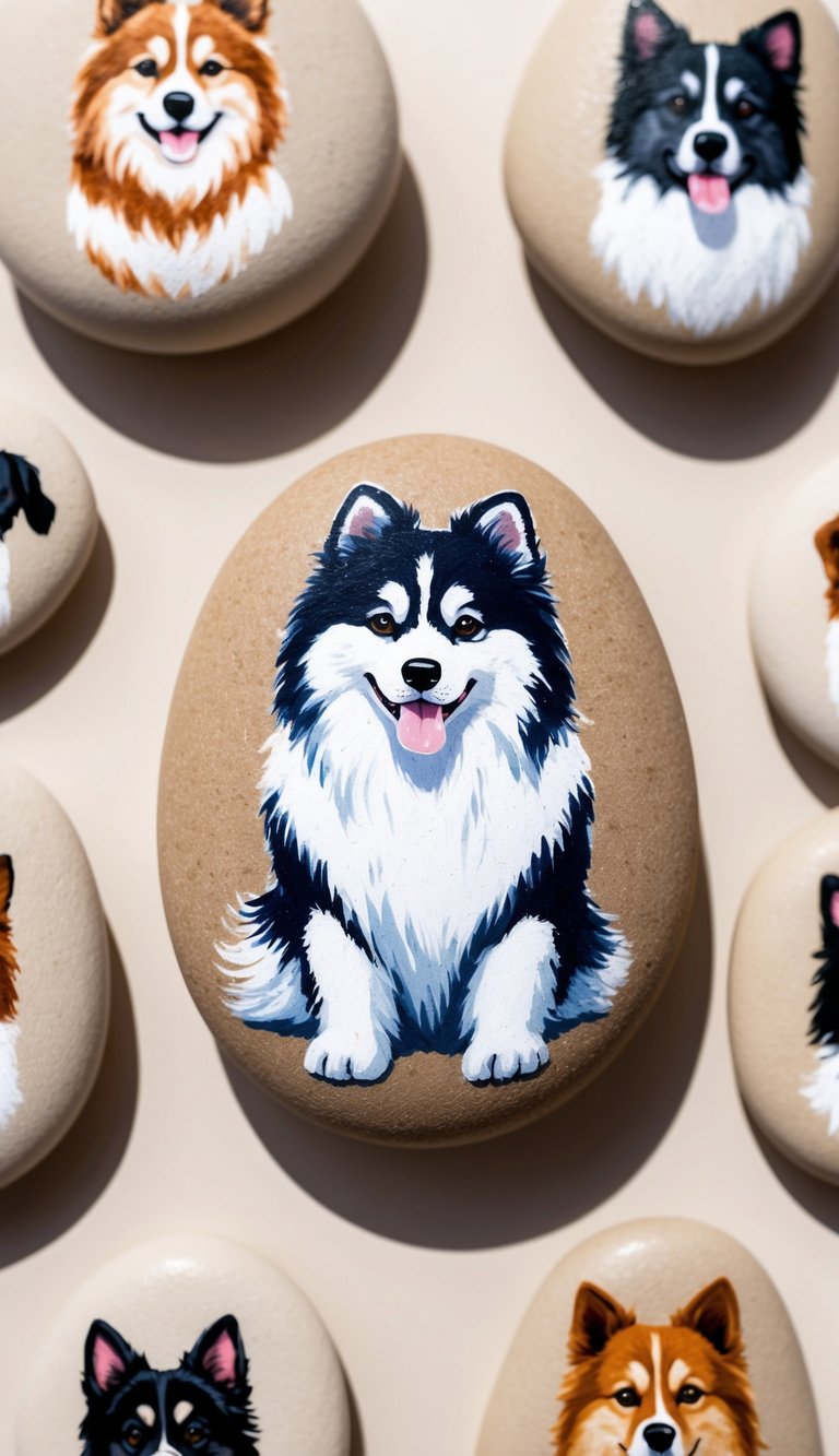 A Siberian Samoyed dog painted on a rock, surrounded by other dog-themed painted rocks
