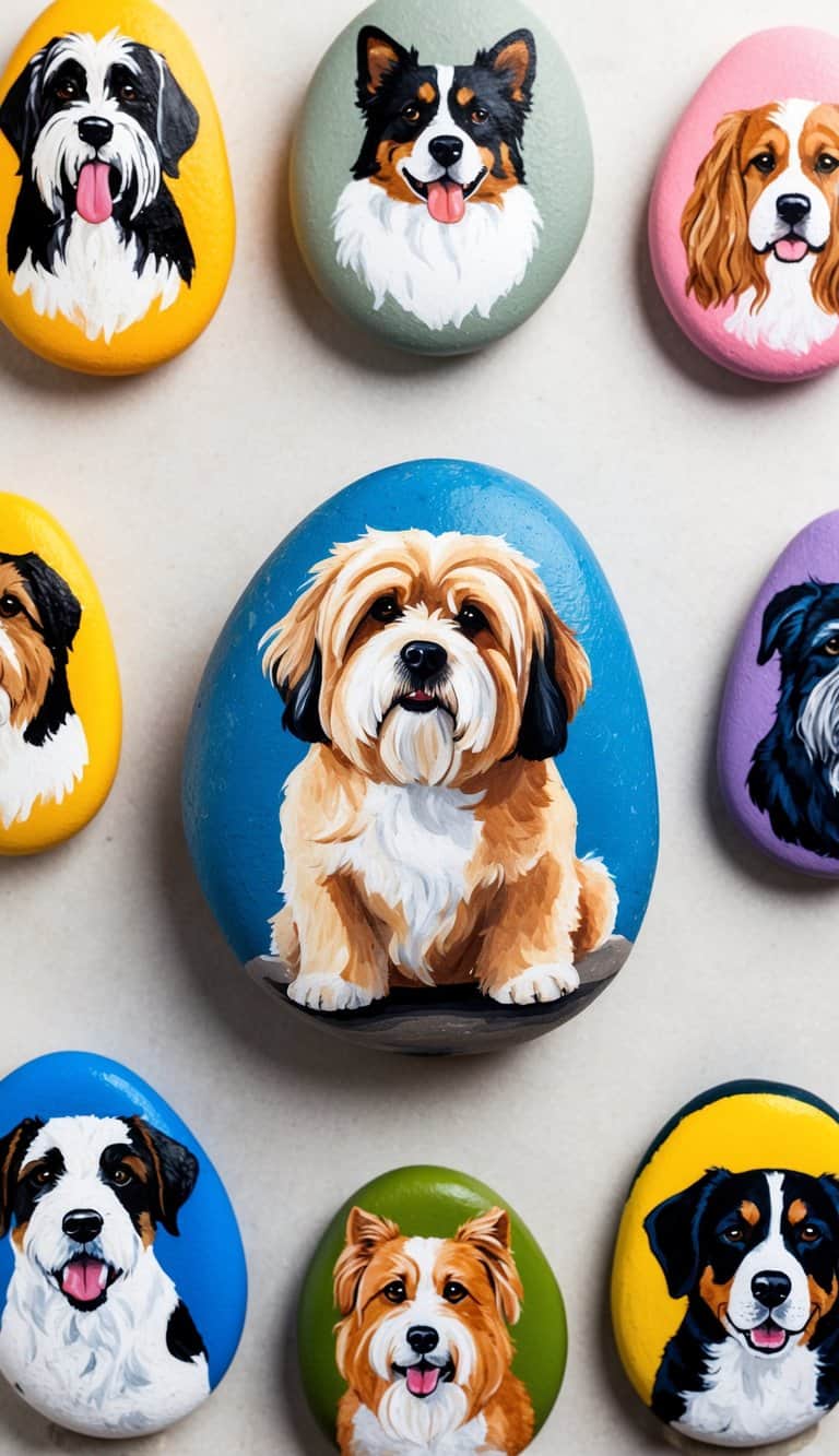 A Lhasa Apso dog sits on a colorful rock, surrounded by other painted rocks featuring different dog breeds