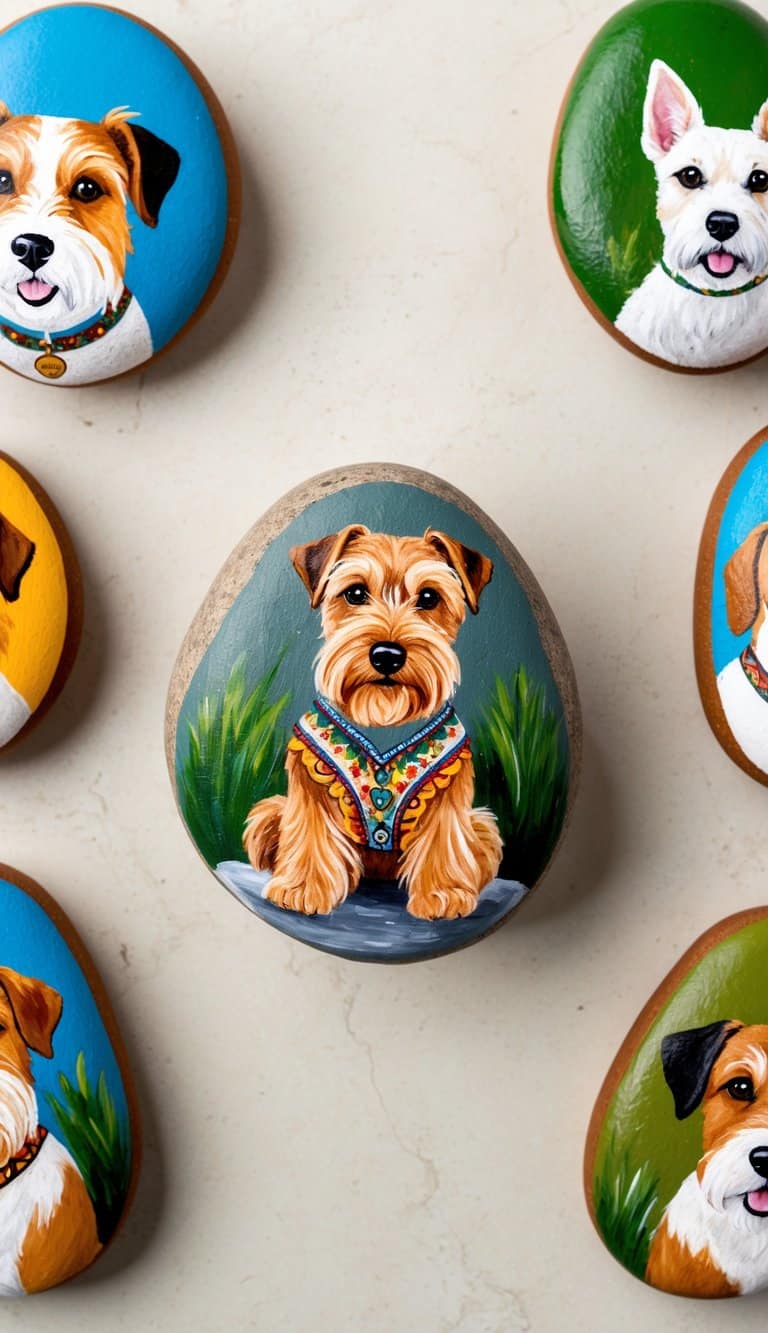 A Tibetan Terrier sits on a painted rock, surrounded by other dog-themed rocks. Vibrant colors and intricate designs bring the canine characters to life