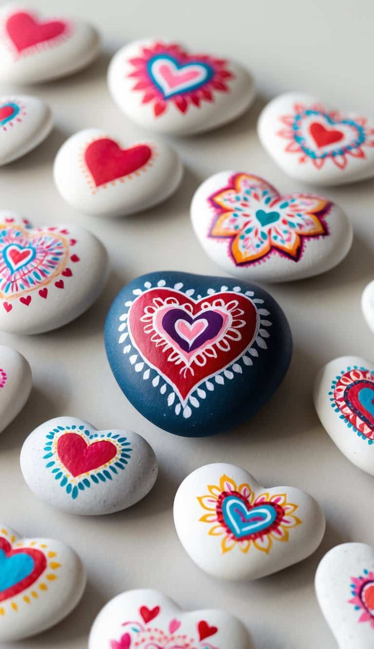 A collection of heart-shaped rocks arranged in a mandala pattern, each painted with unique love-themed designs