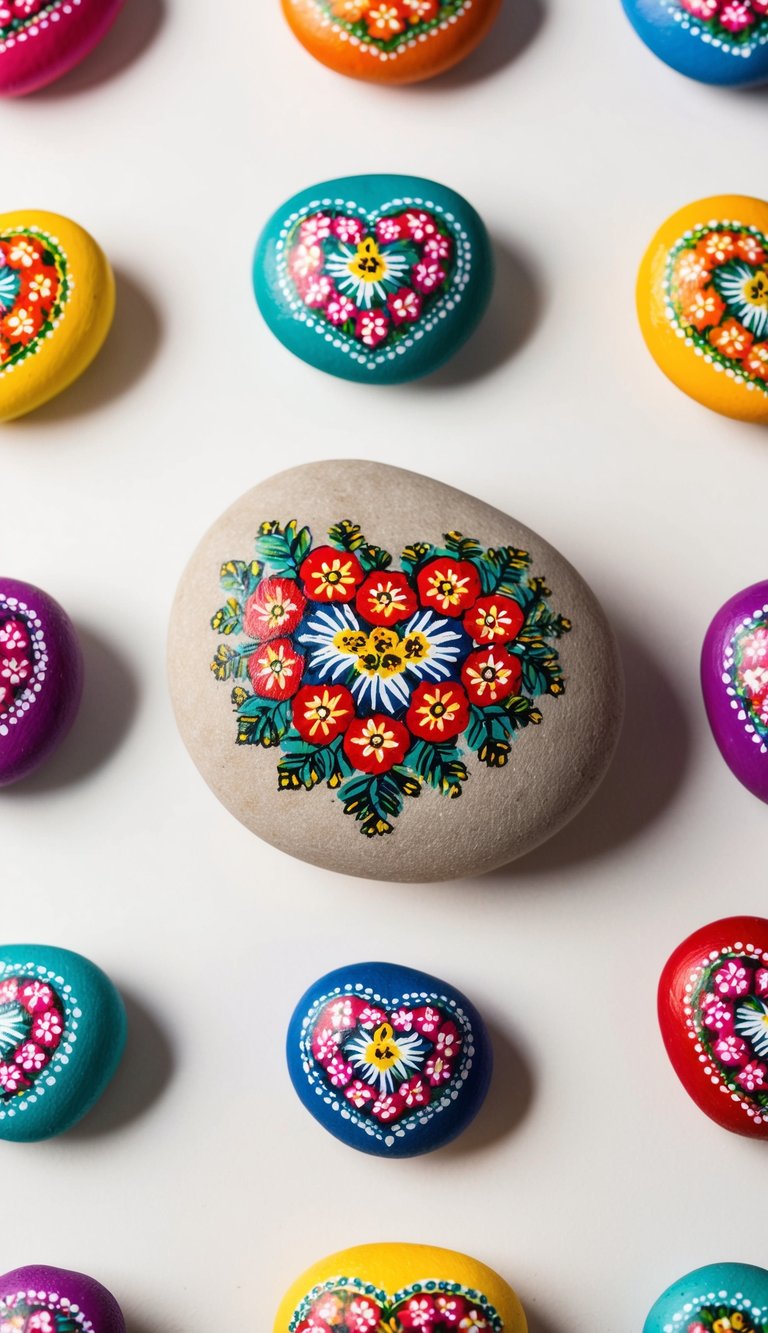 A collection of colorful painted rocks with intricate floral heart motifs arranged in a heart shape