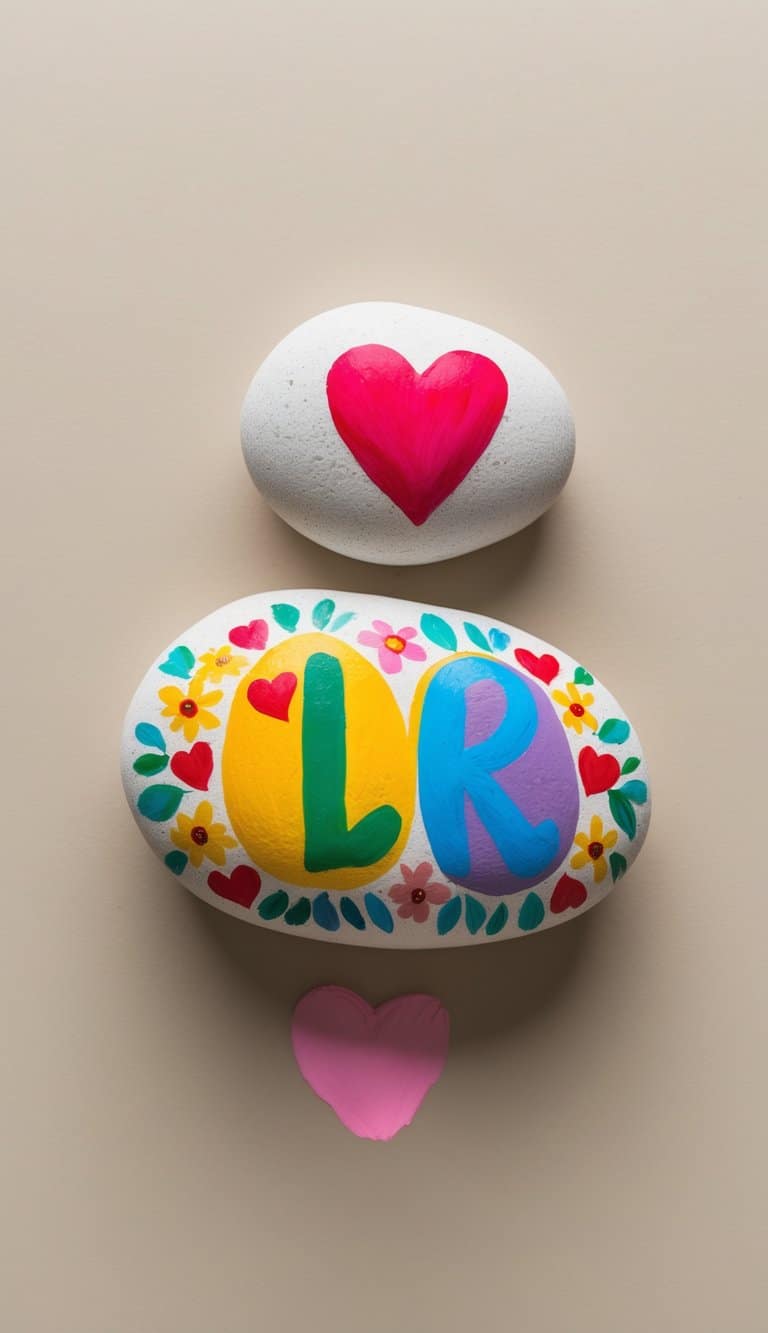 A pair of rocks with initials painted in bright colors, surrounded by hearts and flowers