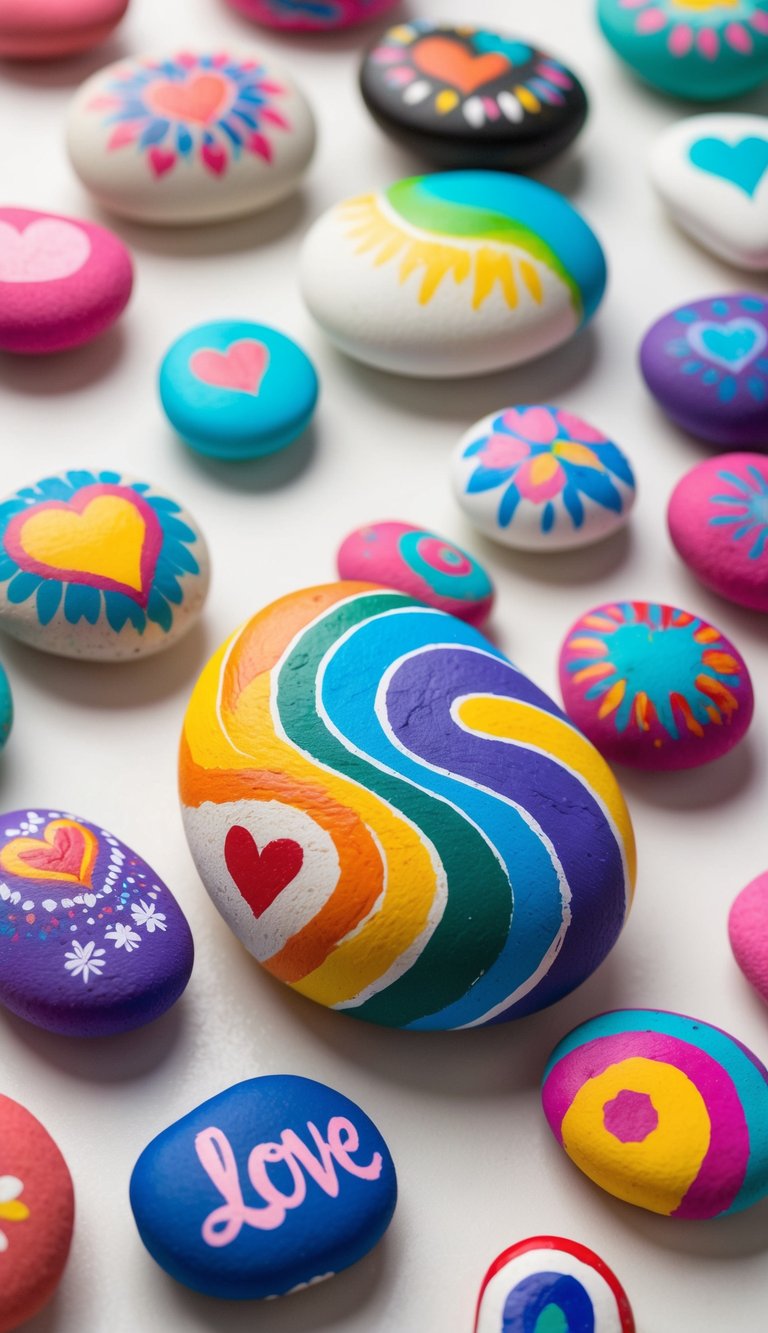 Vibrant swirls of color radiate from a collection of painted rocks, each one adorned with unique and heartfelt designs expressing love and positivity
