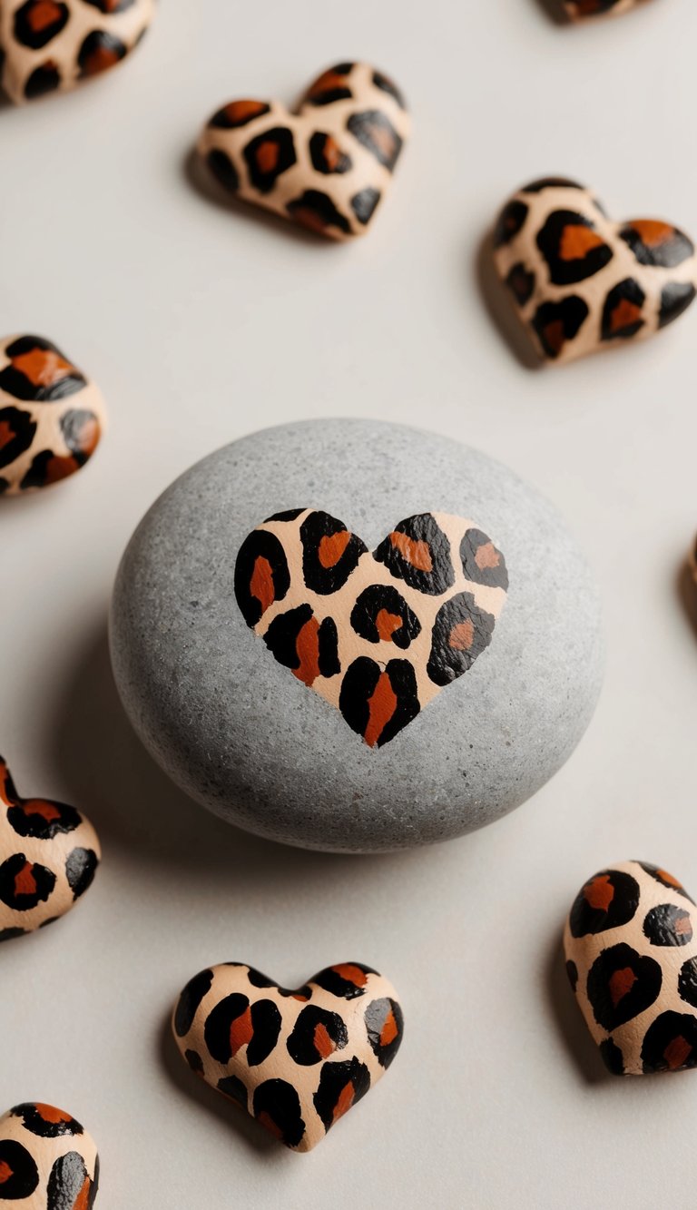 Animal print hearts scattered on painted rocks