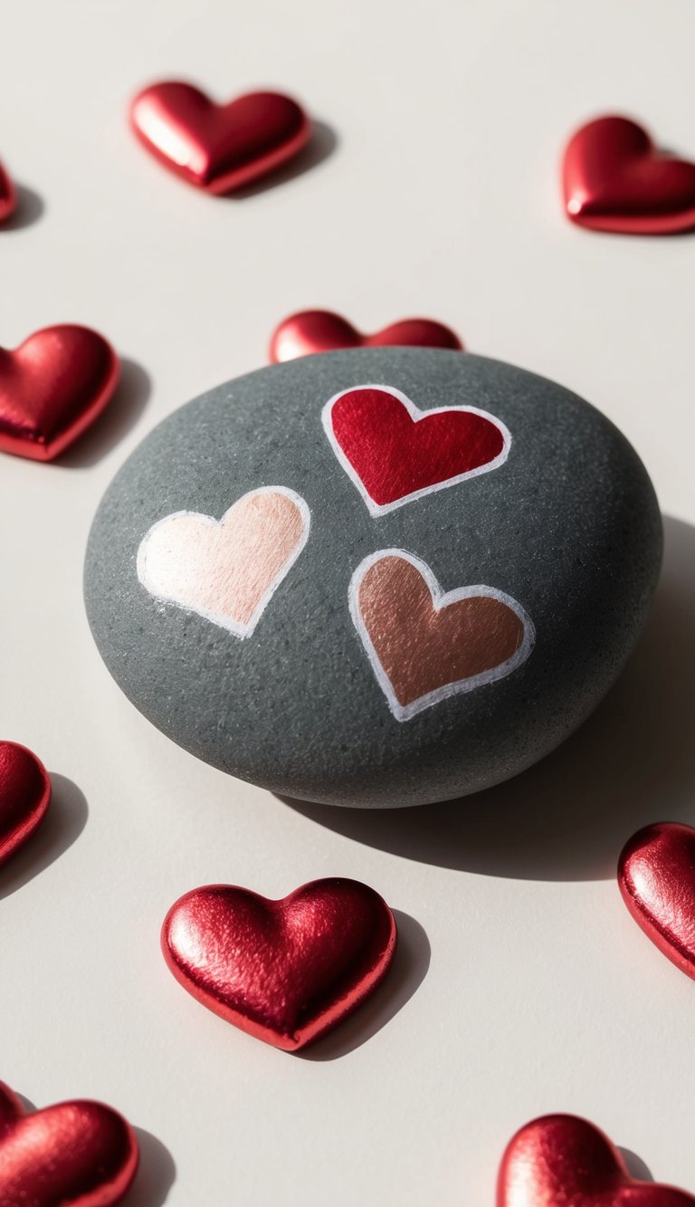 Metallic hearts scattered on rocks, each painted with love-themed designs